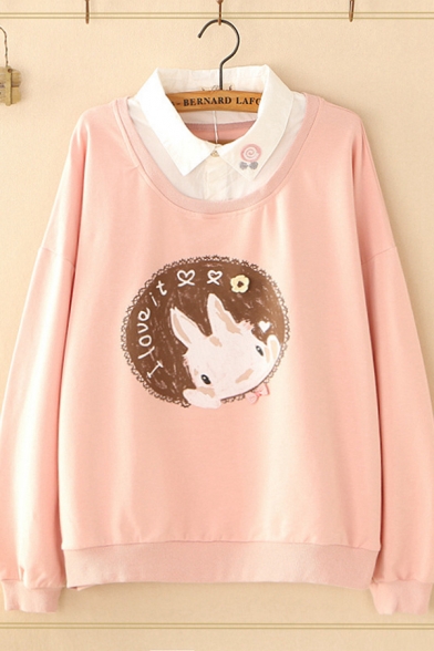 Preppy Girls Long Sleeve Lapel Neck Rabbit Floral Graphic False Two-Piece Loose Pullover Sweatshirt