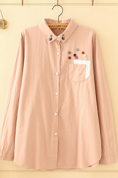 Pretty Ladies Long Sleeve Lapel Neck Button Down Cat Embroidered Colorful Button Detail Striped Pocket Oversize Shirt