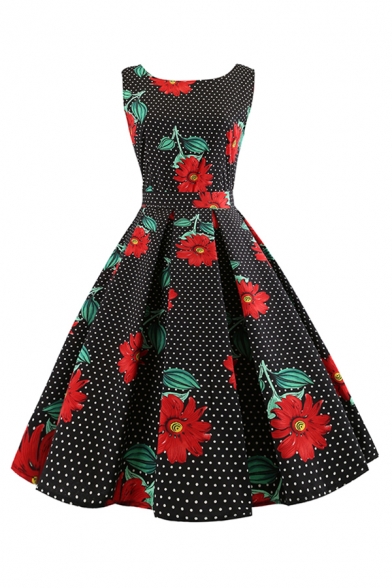 

Retro Girls' Sleeveless Round Neck All Over Flower Pattern Bow Tied Waist Long Pleated Flared Dress, Black;blue;white, LM595628