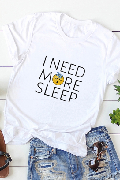 Simple Womens Roll Up Sleeve Crew Neck Letter I NEED MORE SLEEP Sleeping Face Graphic Relaxed Tee