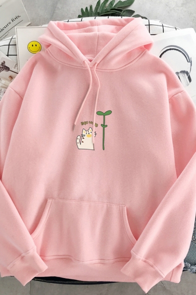 Stylish Street Long Sleeve Drawstring Cat Bud Graphic Pouch Pocket Loose Fit Hoodie for Women