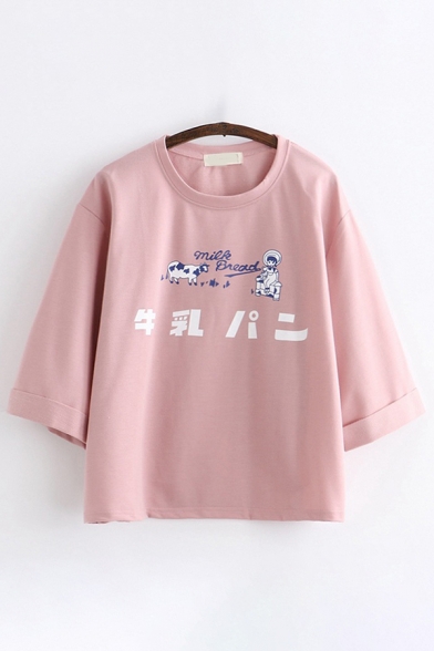 Trendy Girls' Three-Quarter Sleeve Crew Neck Japanese Letter Cartoon Cow Graphic Loose Fit Tee