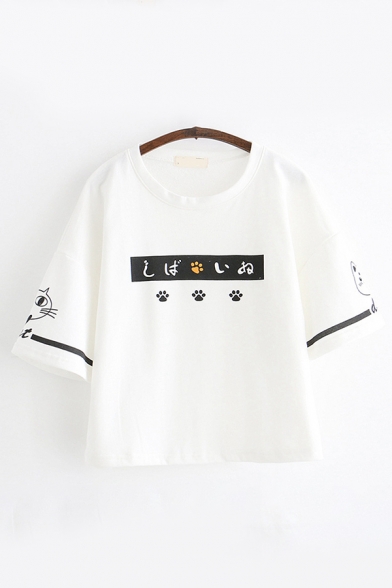 Trendy Harajuku Short Sleeve Round Neck Cat Footprint Pattern Japanese Letter Striped Relaxed Tee