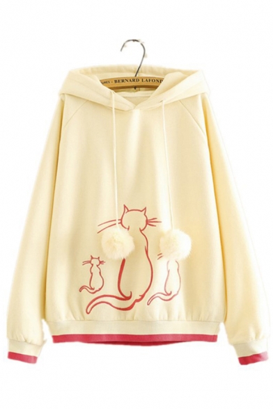 Trendy Ladies' Long Sleeve Pom Pom Drawstring Cat Pattern Contrast Piped Loose Fit Hoodie