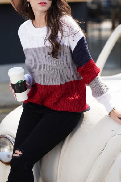 Women's Trendy Street Long Sleeve Round Neck Colorblocked Waffle Knitted Loose Fit Sweater