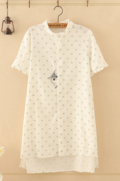 ancy Girls Green Short Sleeve Stand Collar Button Down Polka Dot Stringy Selvedge Cat Embroidery High Low Long Swing Dress