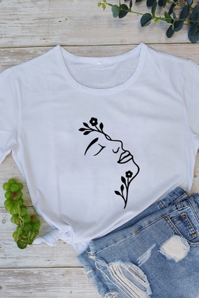 Basic Summer Roll-Up Sleeves Crew Neck Cartoon Girl Printed Loose Fit T Shirt