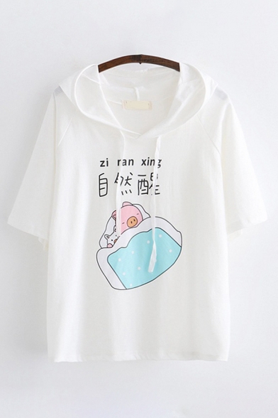 Basic Summer Short Sleeve Drawstring Chinese Letter Pig Graphic Relaxed Fit Hoodie for Women