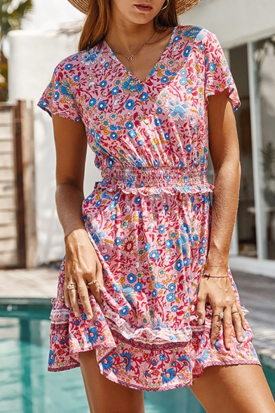 Casual Ladies Short Sleeve V-Neck All Over Floral Printed Ruffle Trimmed Short A-Line Dress