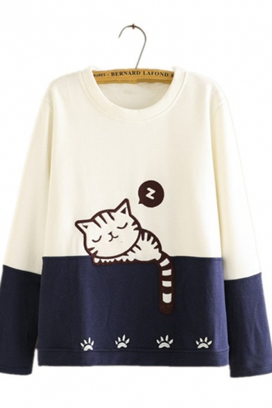Causal Womens Long Sleeve Crew Neck Cat Footprint Embroidery Colorblock Relaxed Fit Sweatshirt