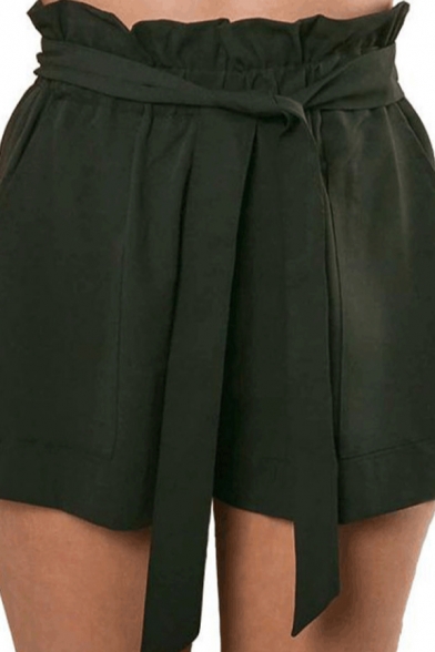 Chic Ladies Solid Color Bow Tied Waist Pockets Side Straight Shorts