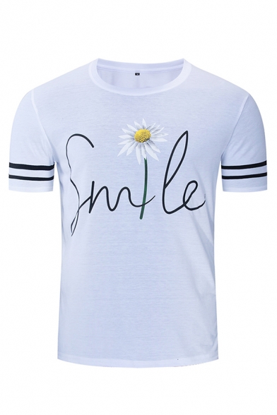 Chic Simple Short Sleeve Round Neck Letter SMILE Sunflower Stripe Graphic Fit T Shirt in White