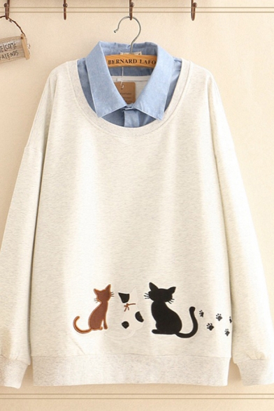 Chic Street Womens Long Sleeve Lapel Neck Cat Embroidered False Two-Piece Loose Fit Sweatshirt