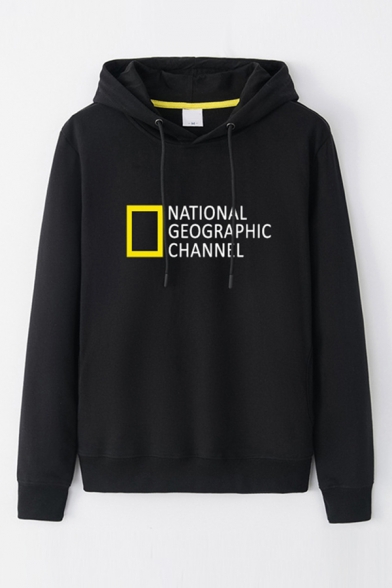 Cool Long Sleeve Drawstring Letter NATIONAL GEOGRAPHIC CHANNEL Geo Graphic Loose Fit Hoodie for Guys
