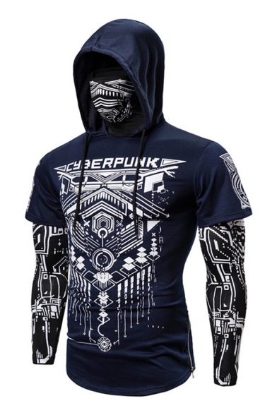 Cool Mens Long Sleeve Drawstring Ninja Cosplay Geometric Printed Patchwork Fake Two Piece Slim Fit Hoodie