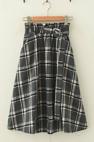 Cute Fashion Girls Elastic Waist Belted Plaid Pattern Long Pleated A-Line Skirt