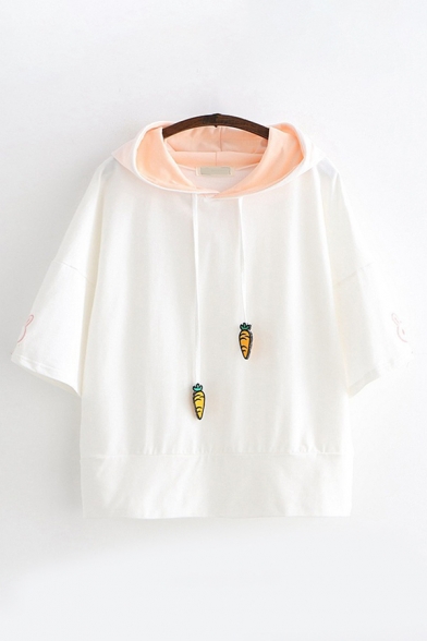 Cute Girls' Short Sleeve Hooded Carrot Embroidered Rabbit Print Loose T Shirt