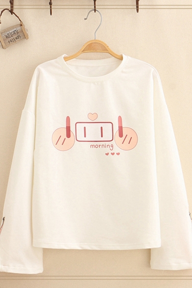 

Cute Kawaii Girls' Long Sleeve Crew Neck Letter MORNING Pig Graphic Zipper Detail Relaxed Fit Pullover Sweatshirt in White, LM596906