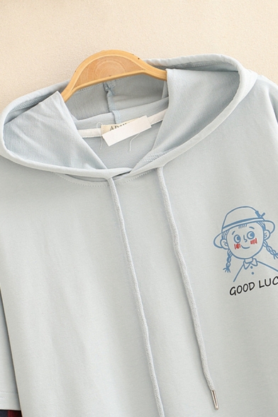 Fake Two-Piece Long Sleeve Drawstring Checker Printed Patched Cartoon Girl Letter GOOD LUCK Graphic Relaxed Hoodie for Girls
