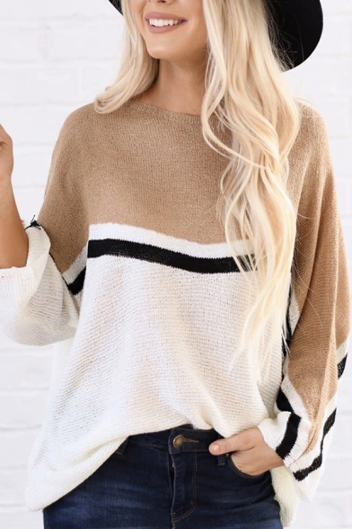 Fancy Popular Long Sleeve Round Neck Stripe Printed Colorblocked Oversize Pullover Sweater Top in White