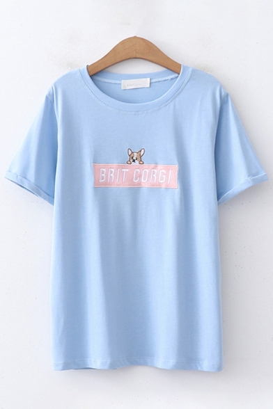 Fashion Womens Short Sleeve Round Neck Letter BRIT CORGI Dog Embroidered Loose T-Shirt