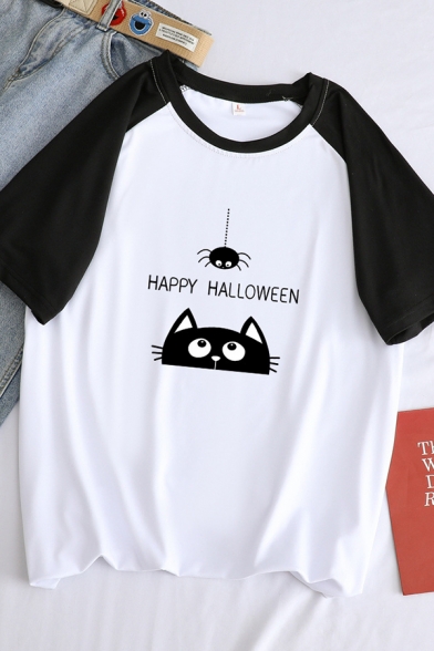 Funny Simple Girls Short Sleeve Crew Neck Letter HAPPY HALLOWEEN Cat Spider Pattern Loose Fit Tee