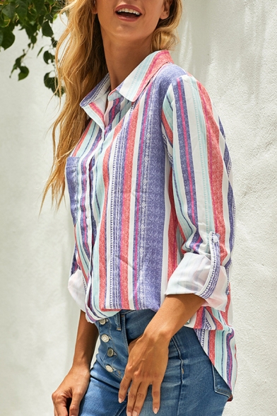 Ladies' Pretty Chic Roll Up Sleeve Lapel Neck Button Down Panel Pocket Stripe Printed Relaxed Fit Shirt