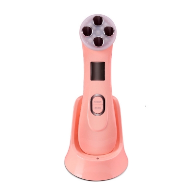 Led RF Needle Free Beauty Instrument 5 Color Lights EMS Electroporation Soothing Skin Care Beauty Instrument, Pink/White