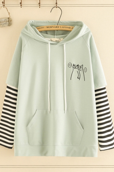 Leisure Women's Long Sleeve Drawstring Cat Printed Striped Panel False Two Piece Loose Hoodie with Pocket