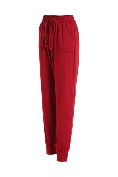 Leisure Womens Solid Color Drawstring Long Length Fitted Pants