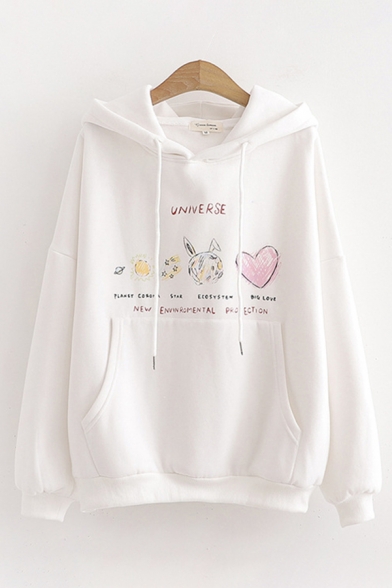 Popular Chic White Long Sleeve Drawstring UNIVERSE Graphic Pouch Pocket Hoodie for Girls