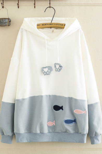 Preppy Girls Long Sleeve Paw Drawstring Fish Embroidery Color Block Oversize Hoodie