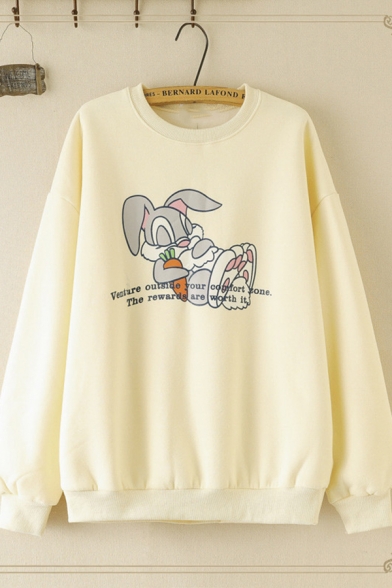 Preppy Girls Long Sleeve Round Neck Rabbit Graphic Loose Fitted Pullover Sweatshirt