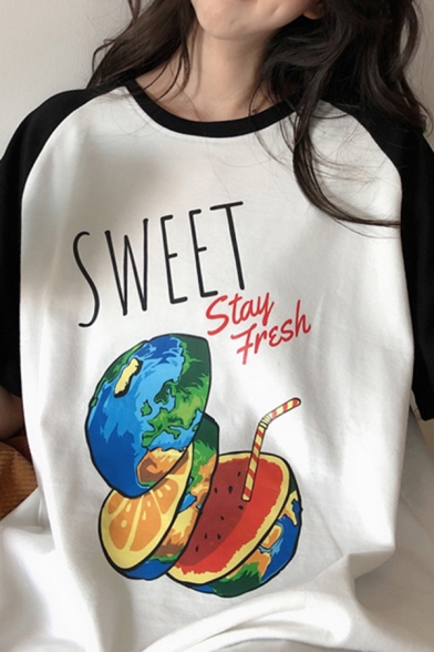 Preppy Girls' Short Sleeve Crew Neck Letter SWEET Watermelon Lemon Printed Striped Contrasted Loose Tee Top
