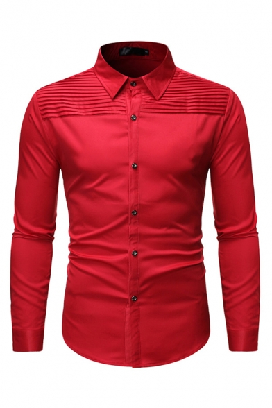 Stylish Boys Long Sleeve Lapel Collar Button Down Pleated Solid Color Curved Hem Slim Fit Shirt