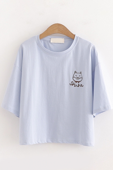 Trendy Girls Short Sleeve Round Neck Letter SHIBA Bear Graphic Loose Fit T Shirt