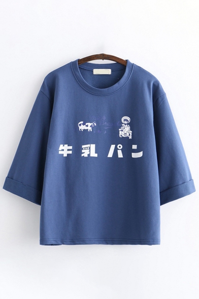 Trendy Girls' Three-Quarter Sleeve Crew Neck Japanese Letter Cartoon Cow Graphic Loose Fit Tee