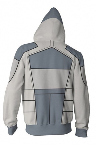 Trendy Guys Long Sleeve Anime Cosplay Geo 3D Printed Costume Zip Up Relaxed Hoodie in Grey