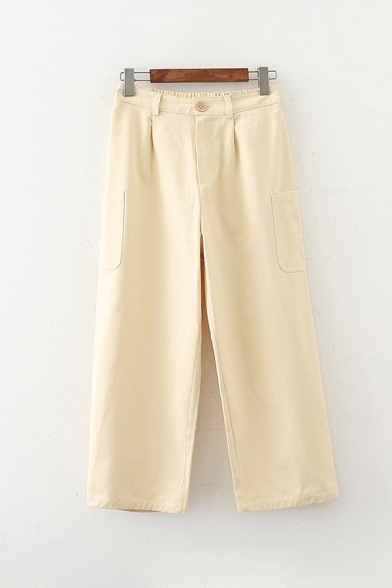 Trendy Womens Partially Elasticized Waistband Pockets Side Button Ankle Length Wide Leg Trousers