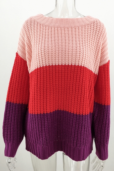 Women's Popular Leisure Long Sleeve Drop Shoulder Striped Colorblock Chunky Knit Relaxed Sweater