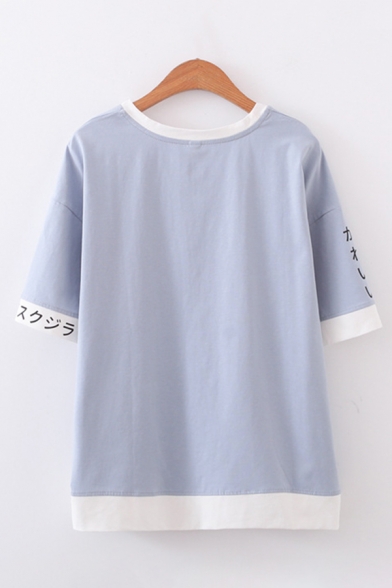 Womens Lovely Short Sleeve Round Neck Japanese Letter Dolphin Graphic Contrasted Oversize T Shirt