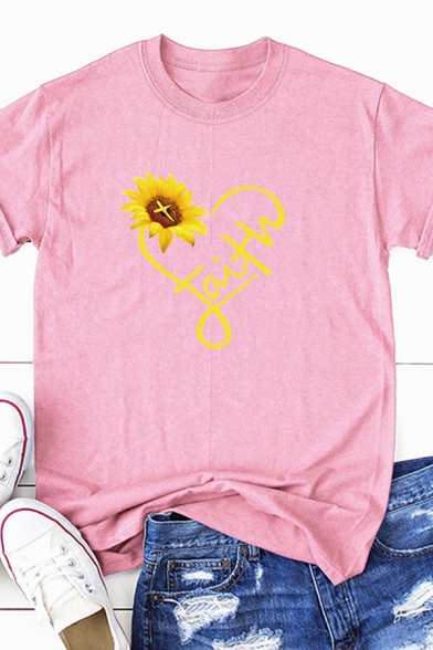 Casual Roll-Up Sleeve Round Neck Letter FAITH Sunflower Graphic Loose T Shirt for Girls