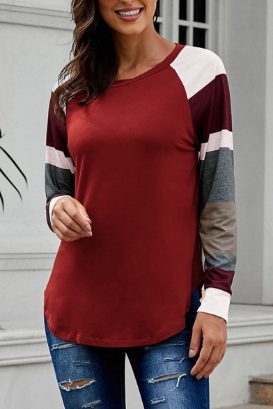 Casual Women's Long Sleeve Round Neck Stripe Plaid Print Colorblocked Curved Hem Relaxed T Shirt