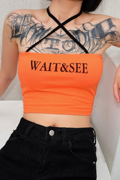 Chic Girls Sleeveless Halter Hollow Out Letter WAIT&SEE Slim Fitted Crop Cami Top in Orange