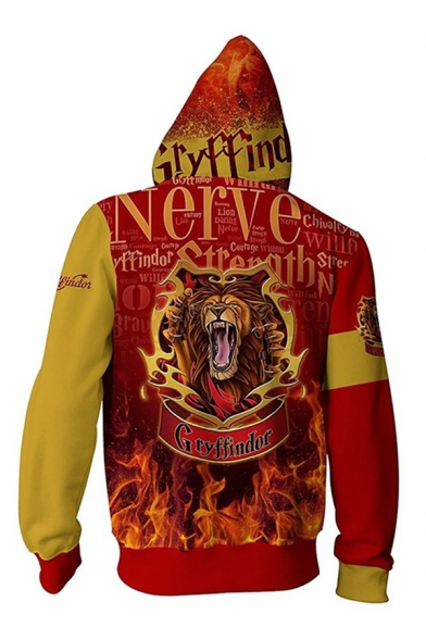 Chic Mens Long Sleeve GRYFFINDOR Letter Lion Printed Zip Up Drawstring Loose Graphic Hoodie