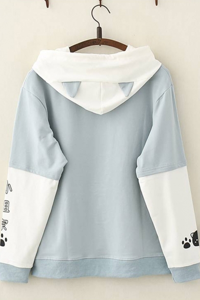 Chic Pretty Long Sleeve Drawstring Chinese Letter Cartoon Cat Graphic Color Block Relaxed Hoodie with Pocket