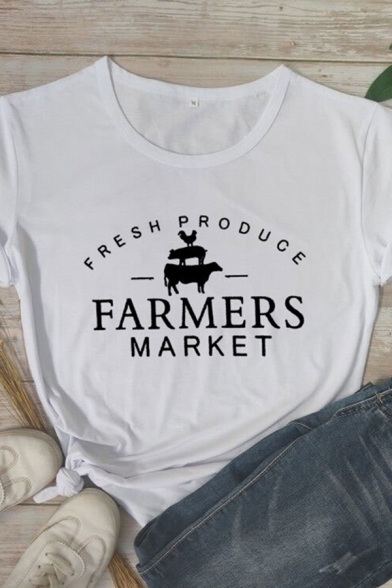 Chic Simple Womens Roll Up Sleeves Letter FARMERS MARKET Animal Printed Slim Fitted Tee Top