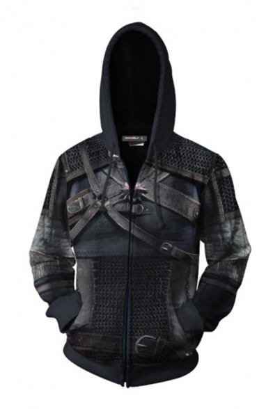 Classic Game Cosplay Costume Long Sleeve Drawstring Zipper Front 3D Pattern Relaxed Fit Hoodie in Black