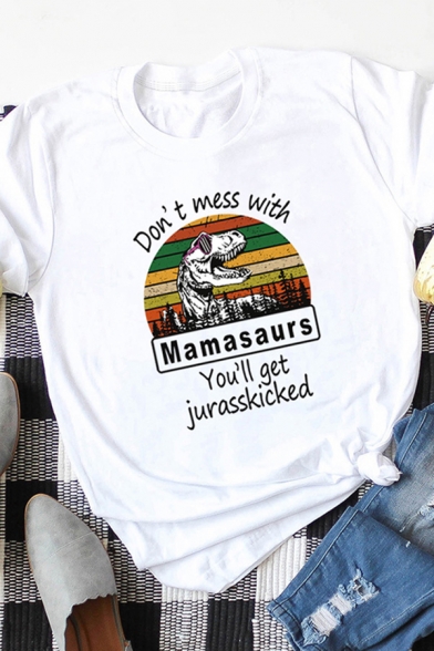 Cool Fancy Girls Roll-Up Sleeve Round Neck Letter DON'T MESS WITH MAMASAURS Dinosaur Graphic Relaxed Fitted Tee