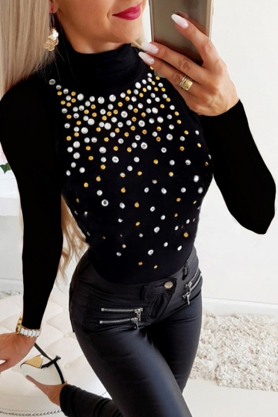 Cool Stylish Long Sleeve Mock Neck Rhinestone Decoration Fitted Knit Top in Black